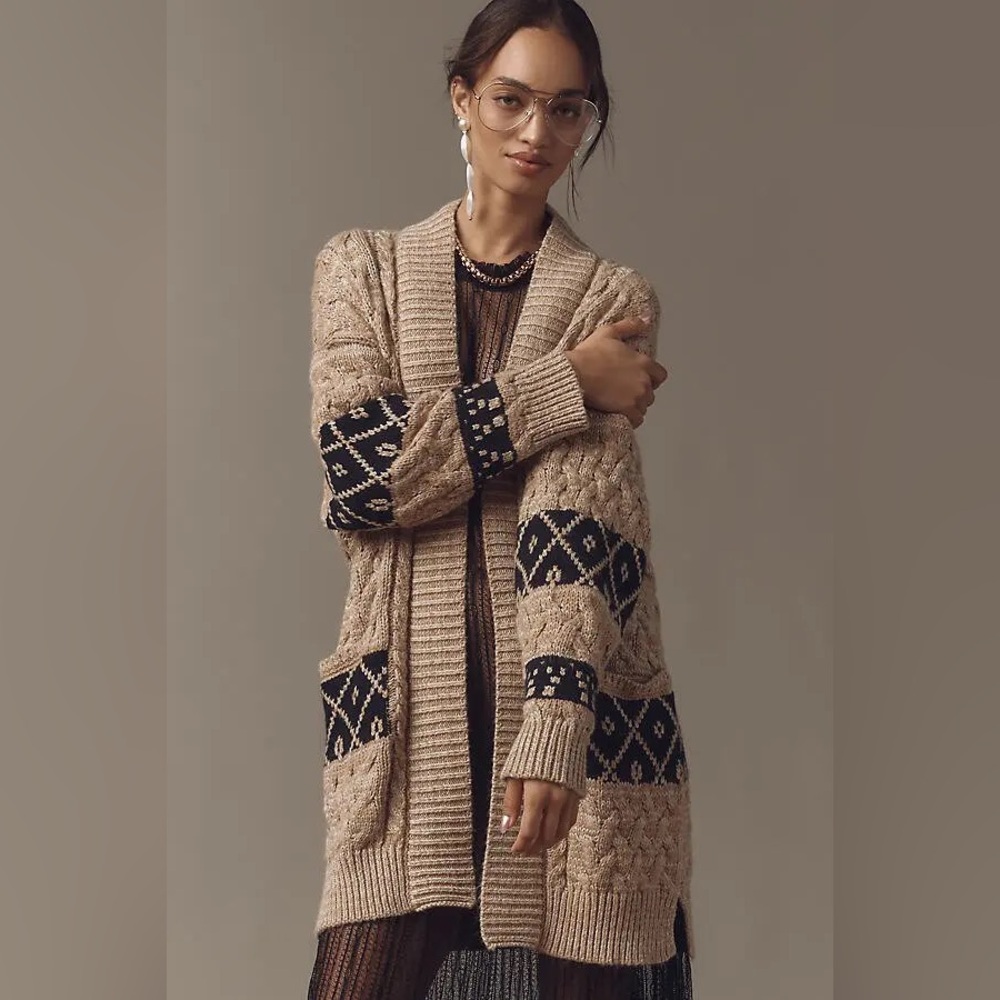 NWOT Pilcro Slouchy Open Front Cardigan Cotton Linen Wool Tan Multi Size S/M